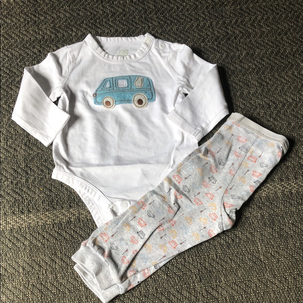Joe Fresh White Bodysuit and Light Gray Pants Matching Set with Blue Car